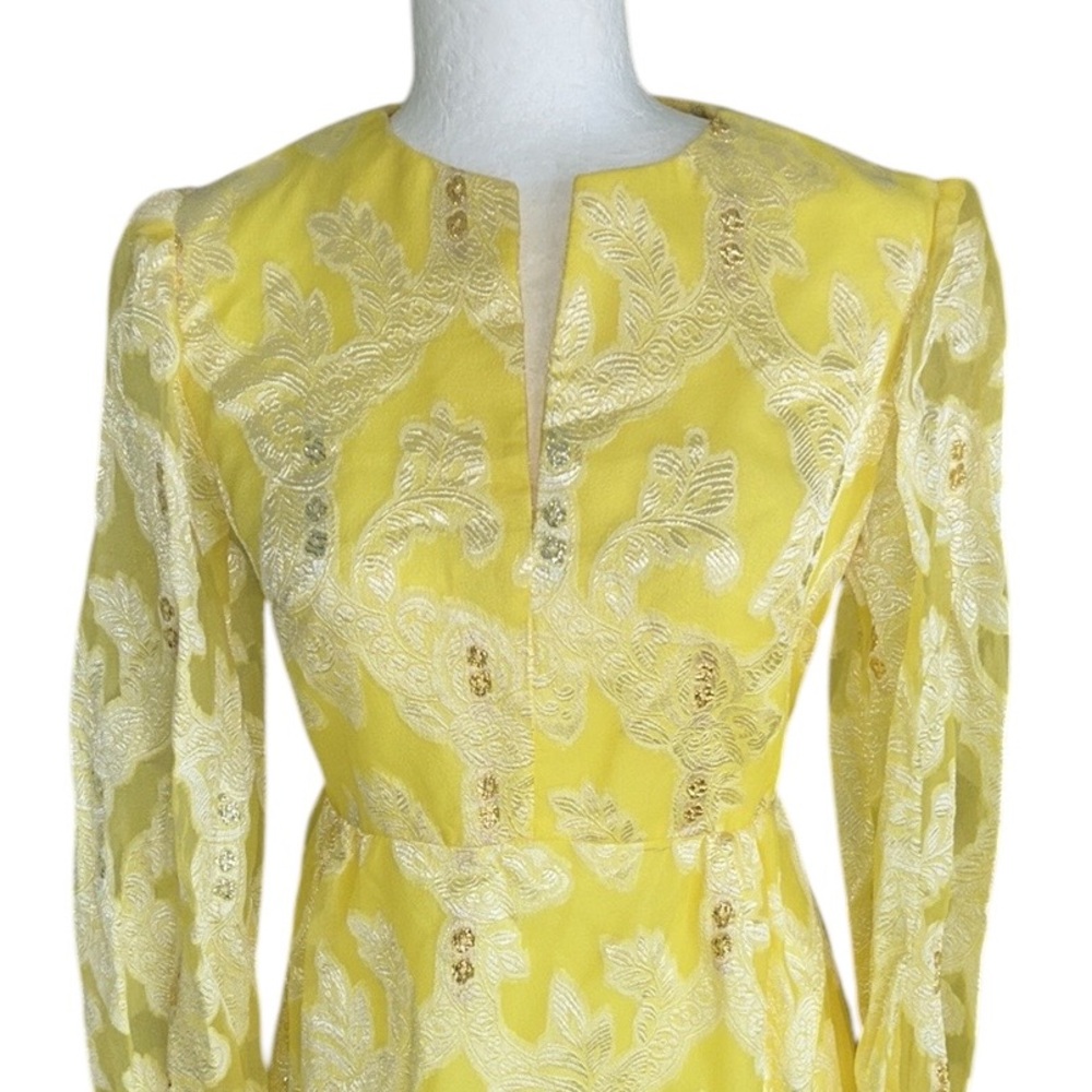 Vintage Handmade Yellow Metallic Gold Silver Floral Jacquard Maxi Dress Gown  XS - Picture 2 of 9